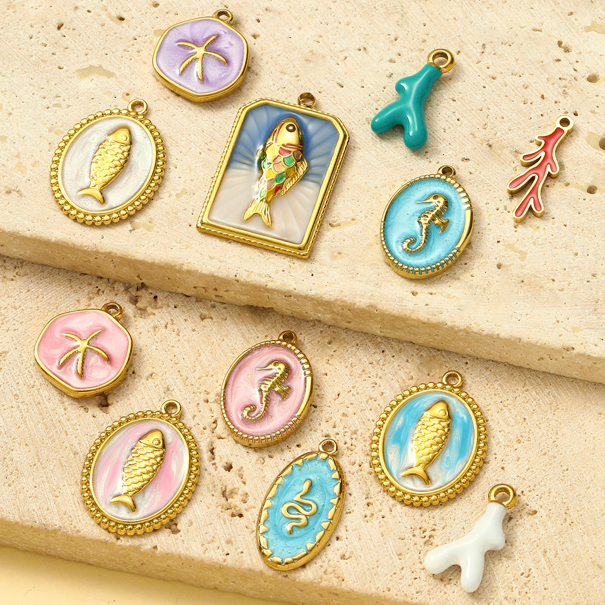 6pcs/pack Enamel Fish Seahorse Stainless Steel DIY Charms Starfish Coral Necklace Pendants Women Antler Snake Jewelry Wholesale