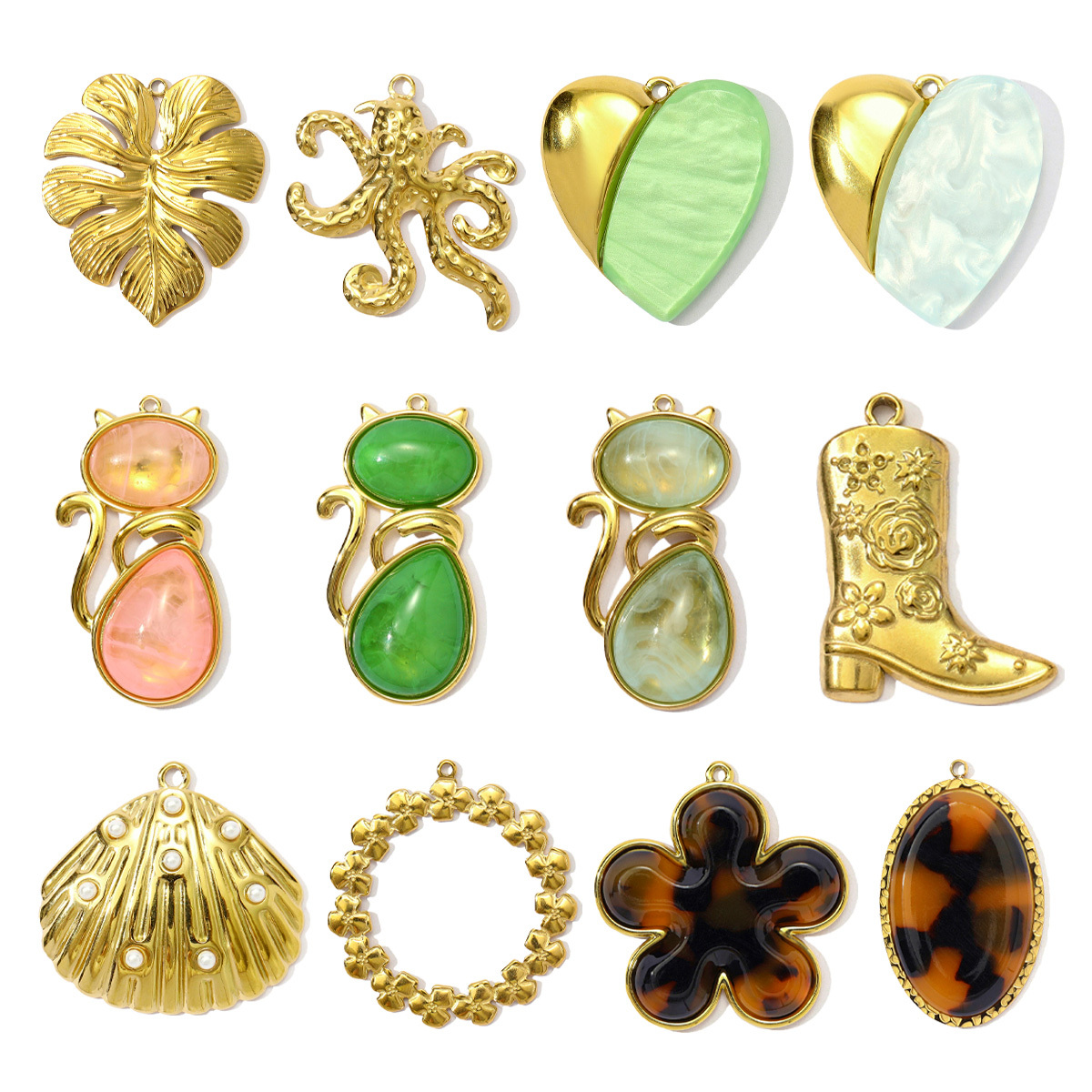 6pcs/pack Stainless Steel Cute Cat Resin Flower DIY Charms Heart Octopus Necklace Pendants Women Boots Garland Earrings Jewelry