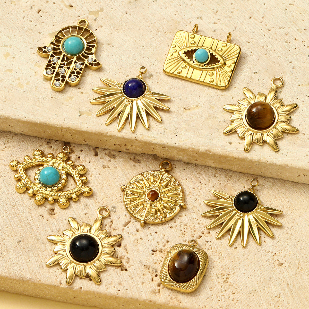 6pcs/pack Wholesale Stainless Steel Natural Stone Hamsa Hand DIY Charms Evil Eye Flower Necklace Pendants Women Star Sun Jewelry