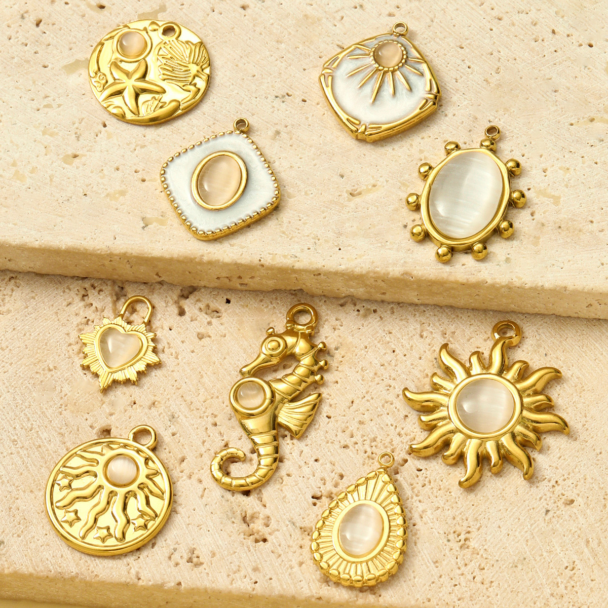 6pcs/pack Wholesale Retro Stainless Steel Cat Eye Stone Heart Sun DIY Charms Waterdrop Necklace Pendants Women Seahorse Jewelry