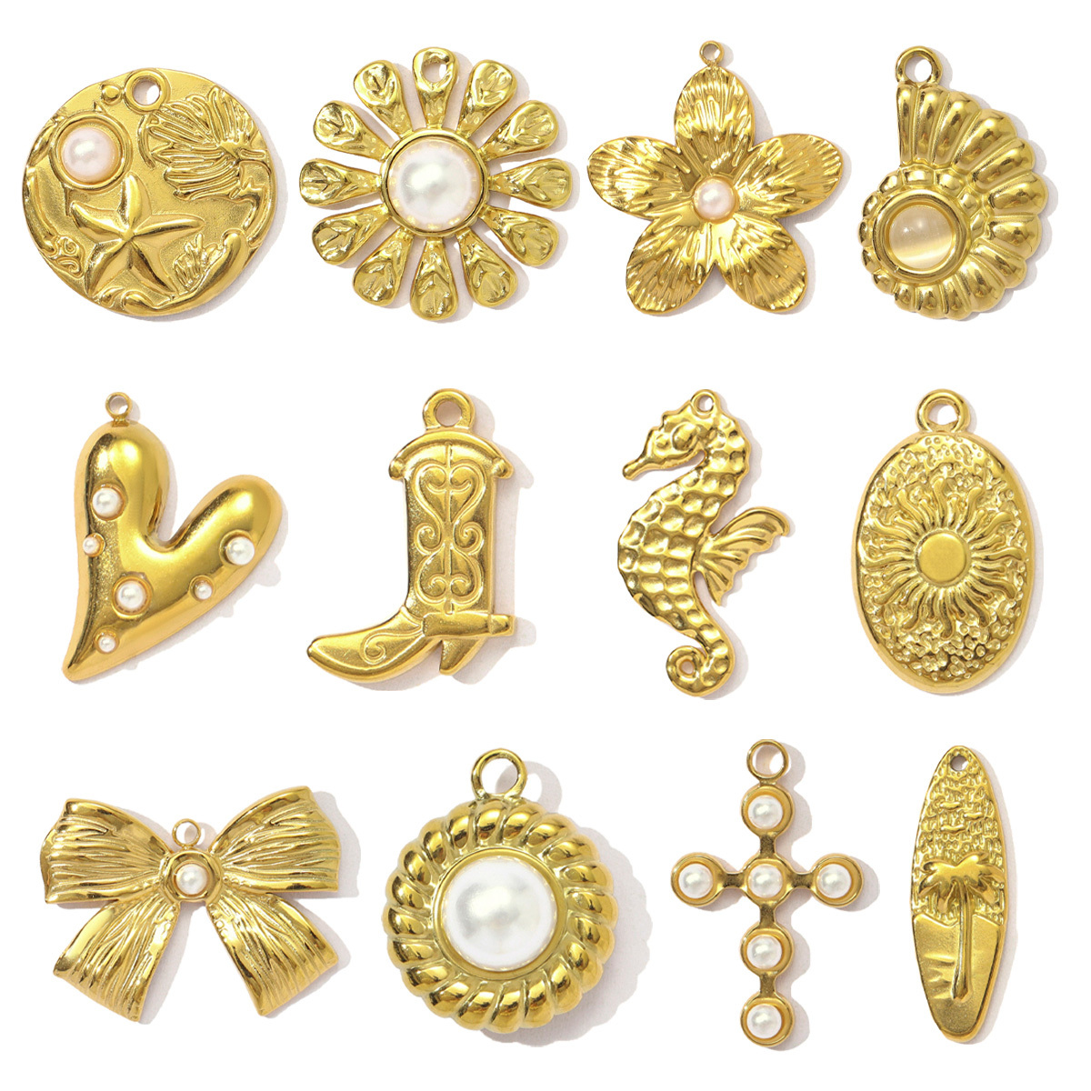 6pcs/pack French Stainless Steel Pearl Cross Flower DIY Earring Charms Boot Conch Necklace Pendants Women Bow Knot Heart Jewelry