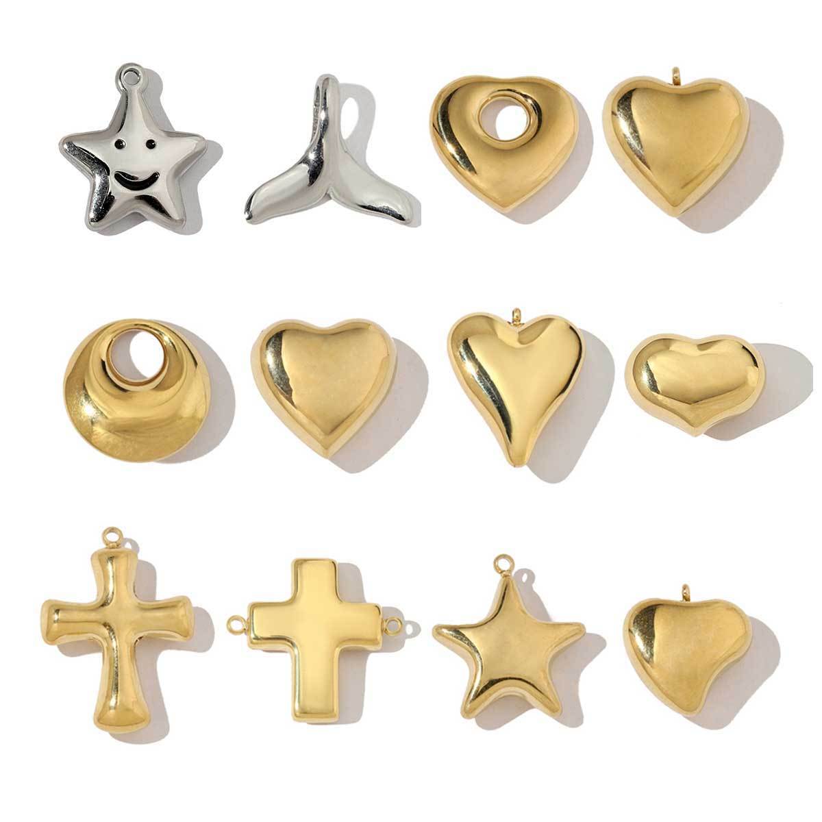 6pcs/pack French Style Stainless Steel Star Tail Love Charms Heart Cross Round Necklace DIY Small Pendant Accessory