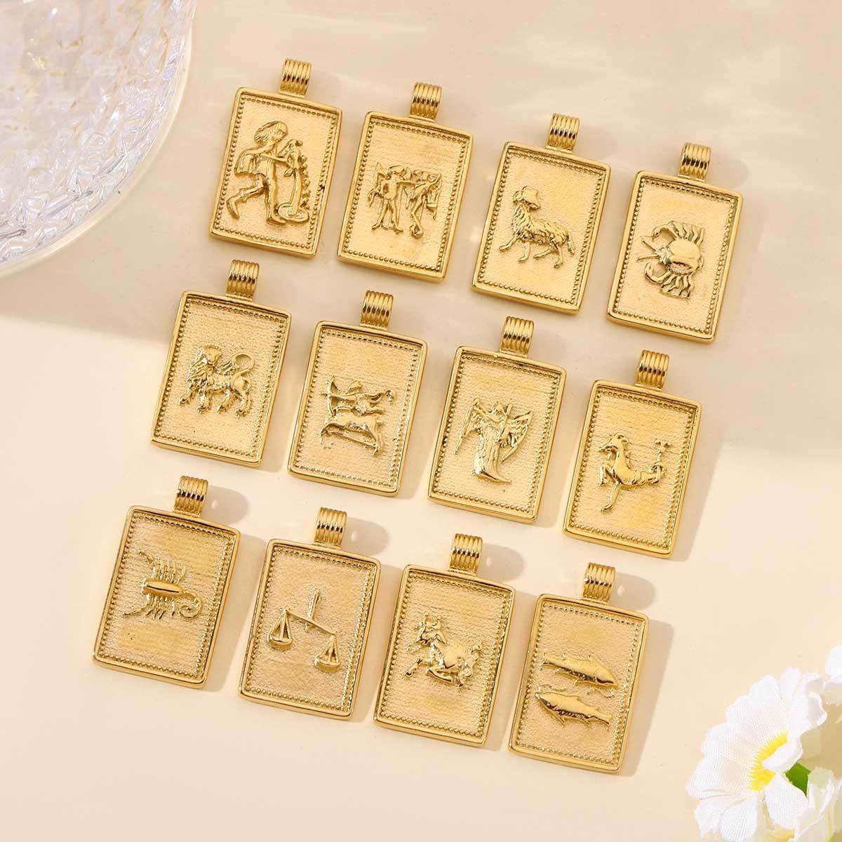 6pcs/pack Stainless Steel 18k Gold Plated Color Square Shaped Zodiac Charms Of DIY Necklace Making Pendants