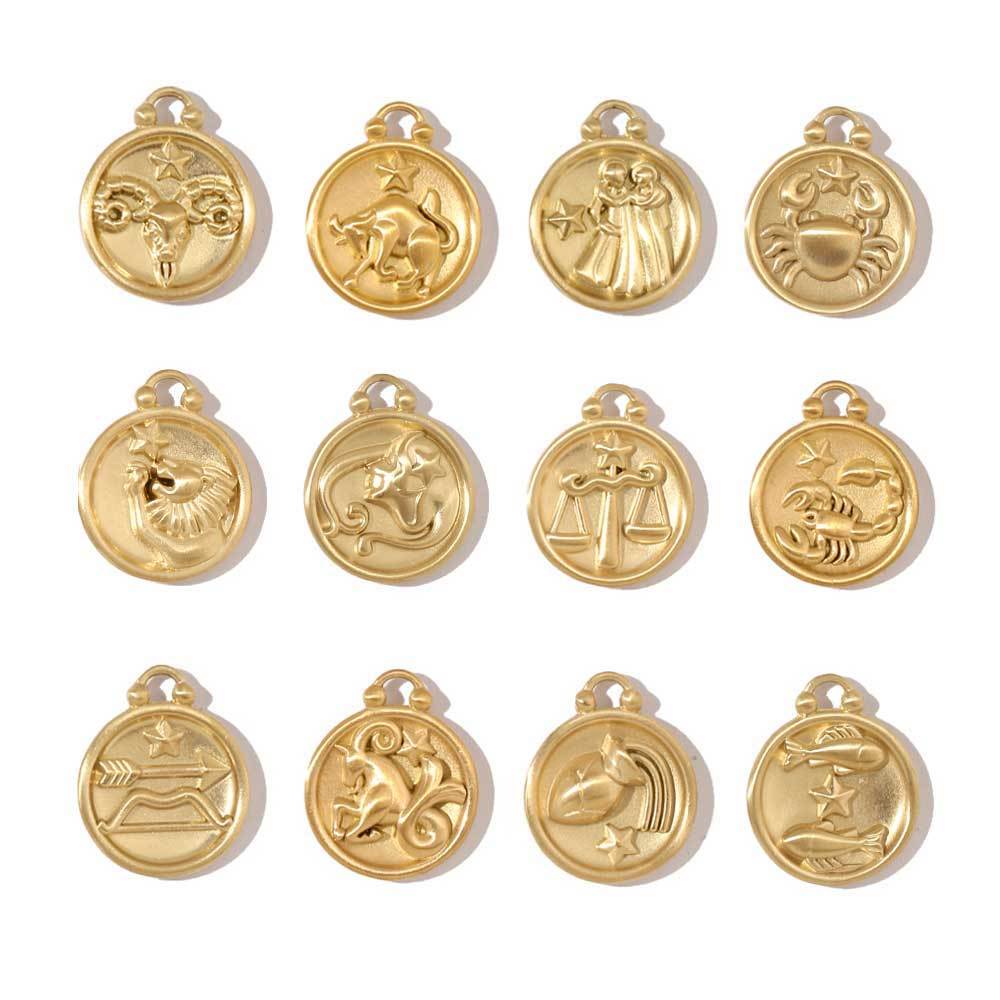 6pcs/pack Stainless Steel 18k Gold Color Round Twelve Zodiac Sagittarius Pendants For Necklace Making DIY Accessory