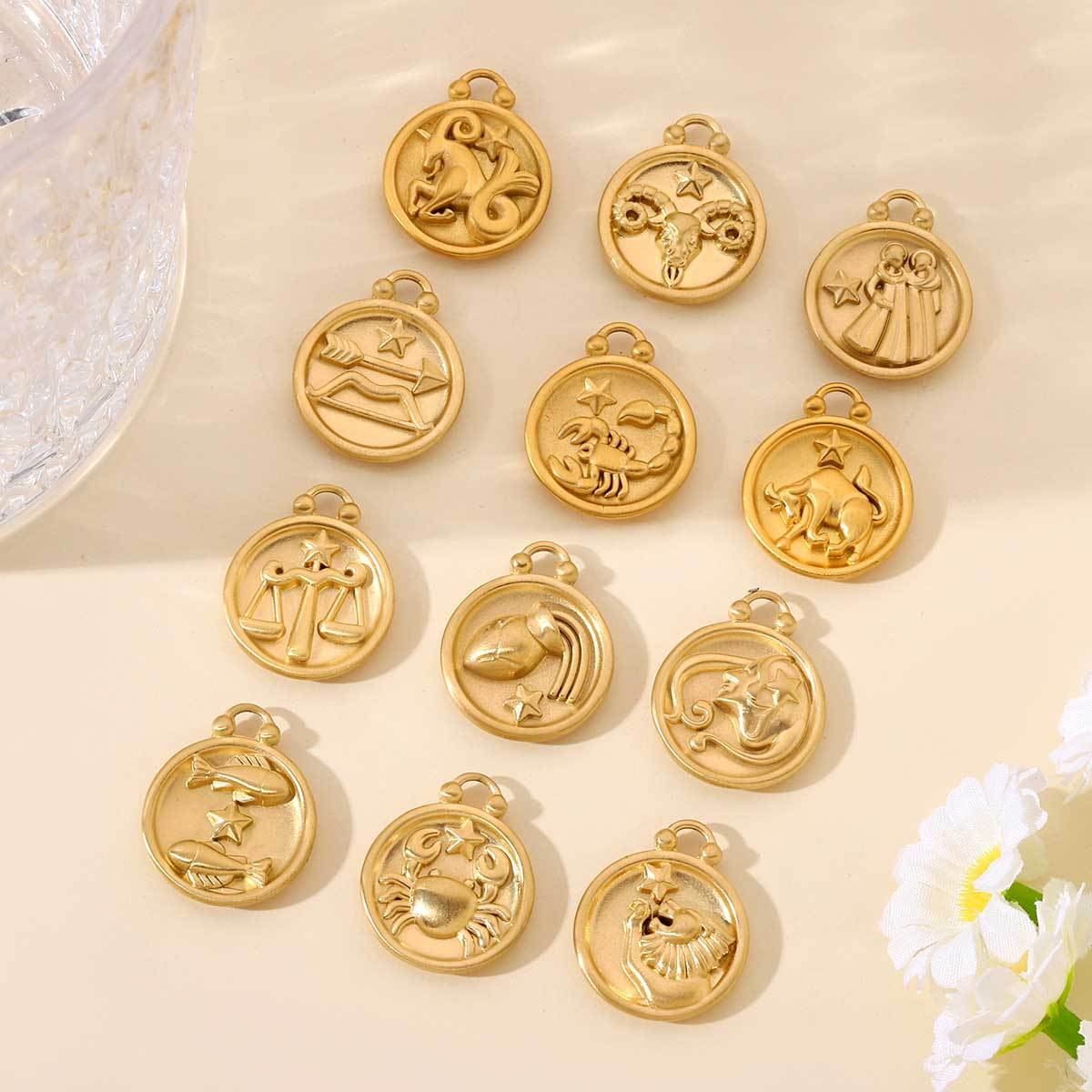 6pcs/pack Stainless Steel 18k Gold Color Round Twelve Zodiac Sagittarius Pendants For Necklace Making DIY Accessory