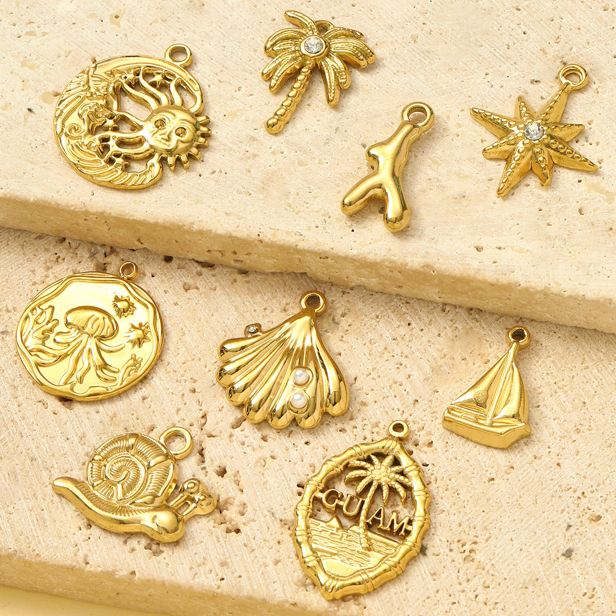 6pcs/pack Wholesale Stainless Steel Pearl Shell Snail DIY Charms Moon Sun Star Necklace Pendants Women Plam Sailboat Jewelry