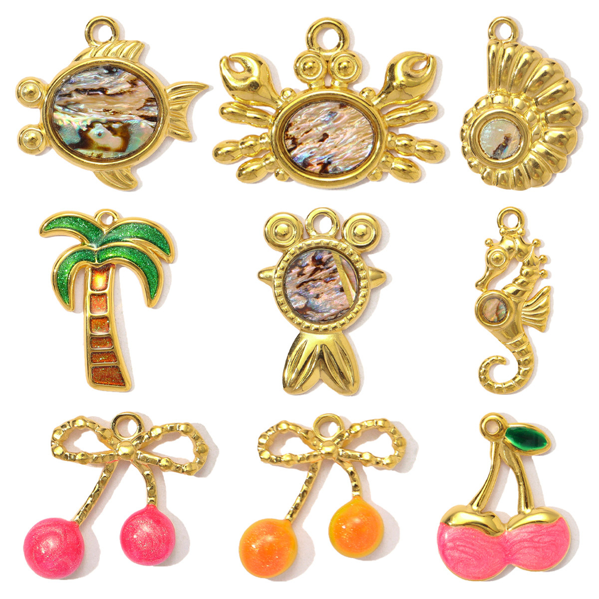 6pcs/pack Wholesale Stainless Steel Enamel Cherry Bow Knot DIY Charms Plam Crab Necklace Pendants Women Fish Seahorse Jewelry