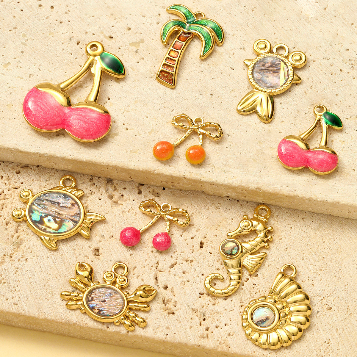 6pcs/pack Wholesale Stainless Steel Enamel Cherry Bow Knot DIY Charms Plam Crab Necklace Pendants Women Fish Seahorse Jewelry