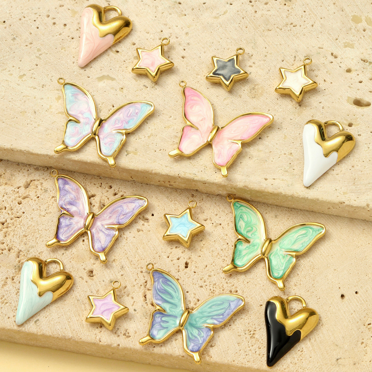6pcs/pack Stainless Steel Enamel Gradient Butterfly DIY Earring Charms Painted Heart Necklace Pendants Women Star Bracelet Jewelry