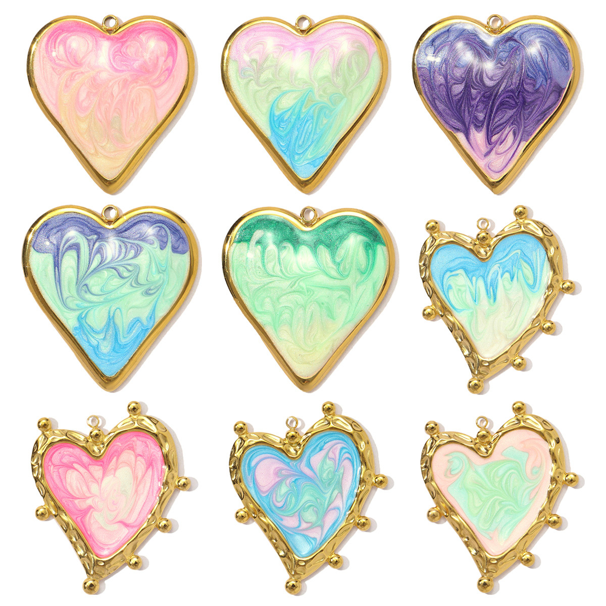 6pcs/pack Stainless Steel Gradient Enamel Heart DIY Earring Charms Colorful Love Necklace Pendants Women Jewelry Wholesale