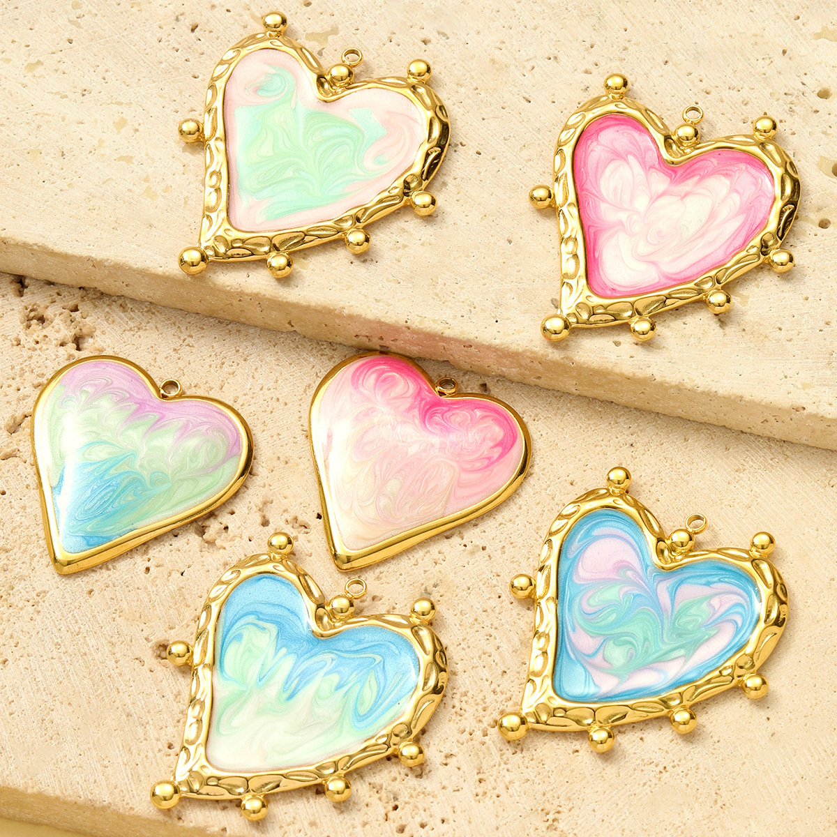 6pcs/pack Stainless Steel Gradient Enamel Heart DIY Earring Charms Colorful Love Necklace Pendants Women Jewelry Wholesale