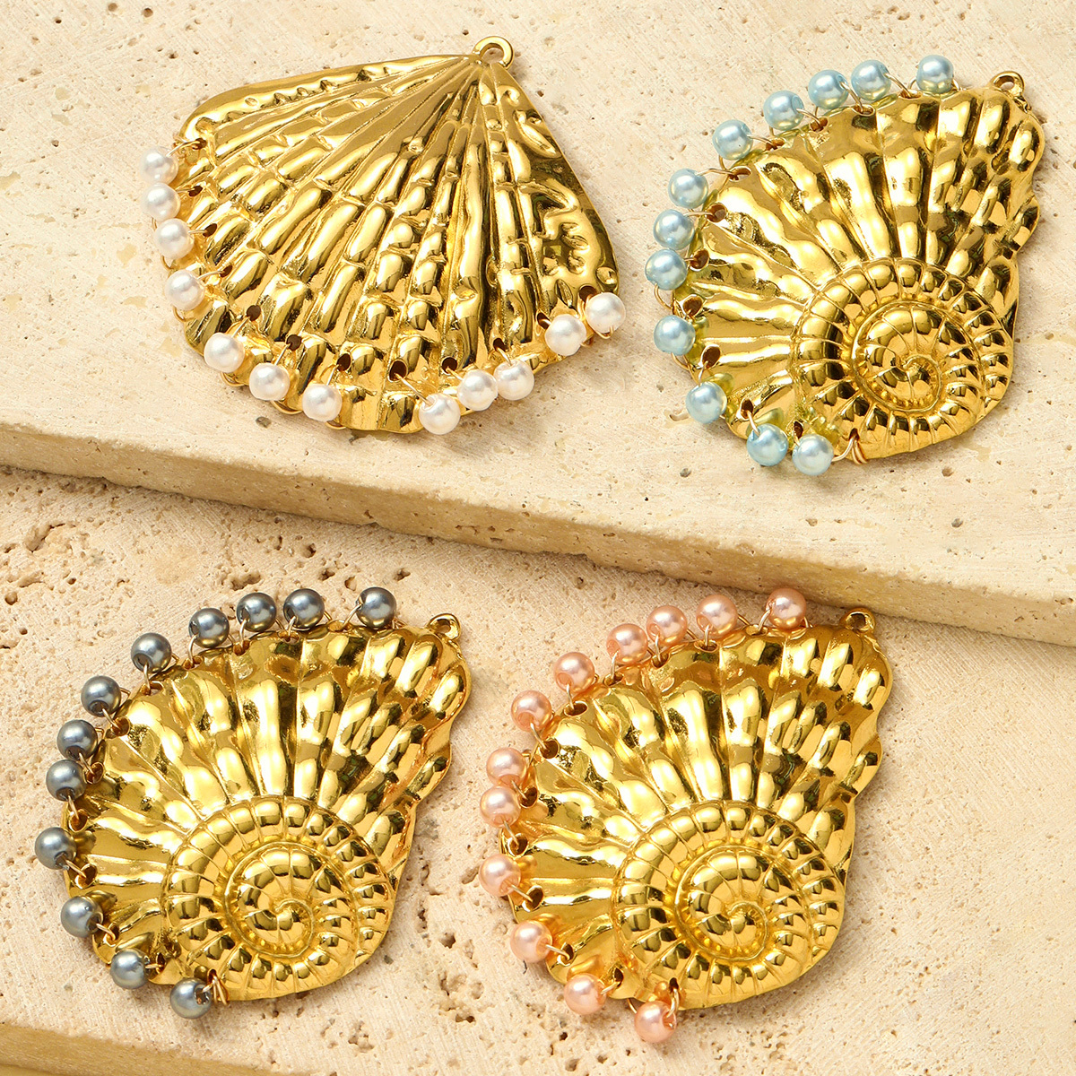 6pcs/pack French Retro Stainless Steel Pearl Shell DIY Earring Charms Conch Necklace Pendants Women Sector Jewelry Wholesale