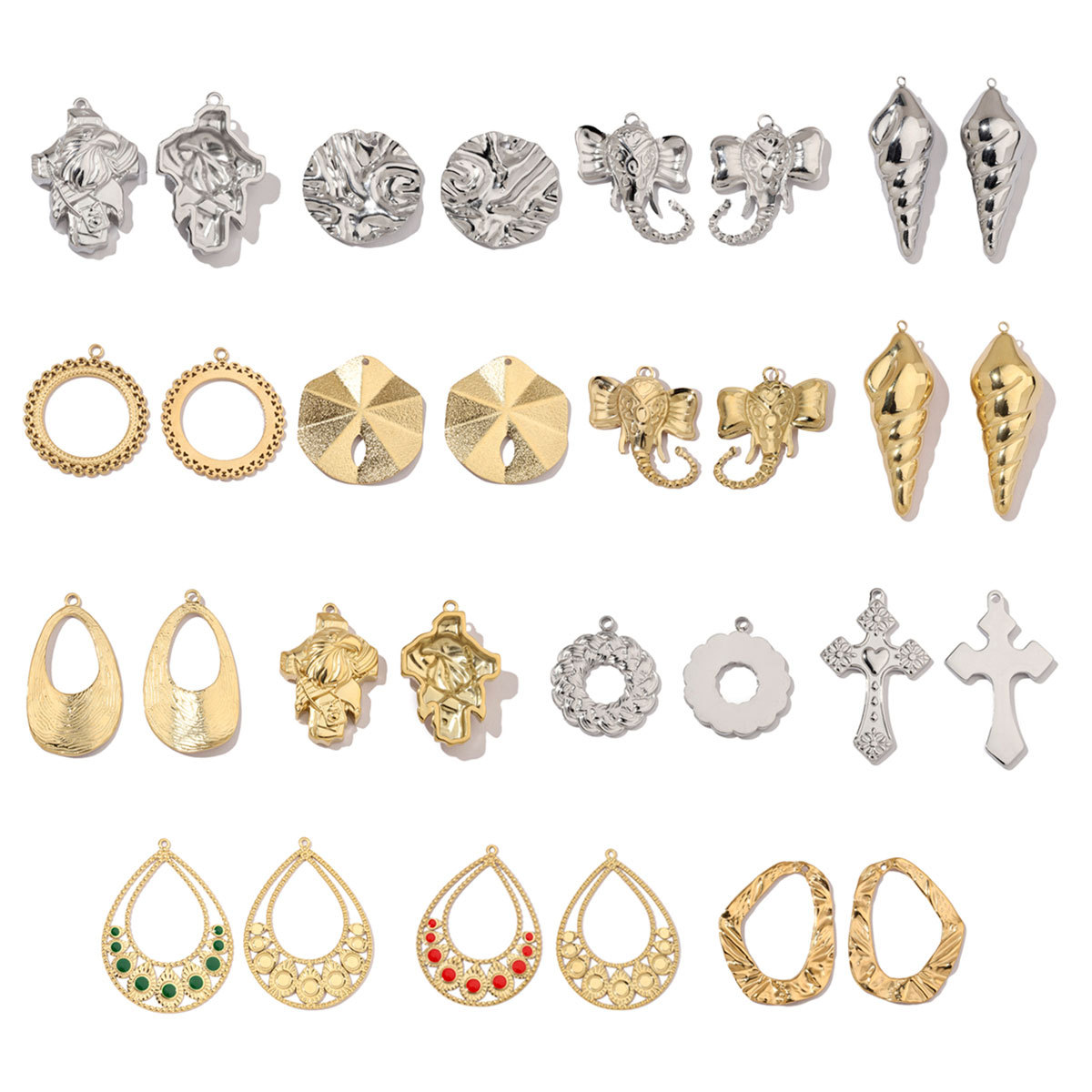 6pcs/pack Mirror Polish Steel Conch Elephant Eagle Charms Geometric Cross DIY Pendant For Necklace Earrings Making Accessories