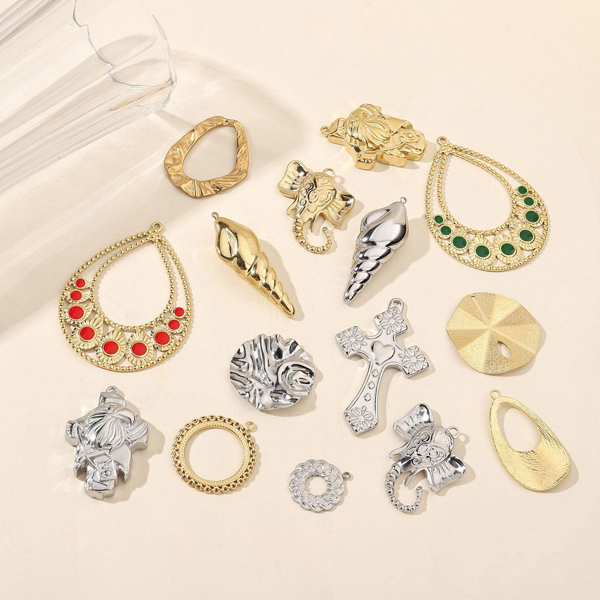 6pcs/pack Mirror Polish Steel Conch Elephant Eagle Charms Geometric Cross DIY Pendant For Necklace Earrings Making Accessories