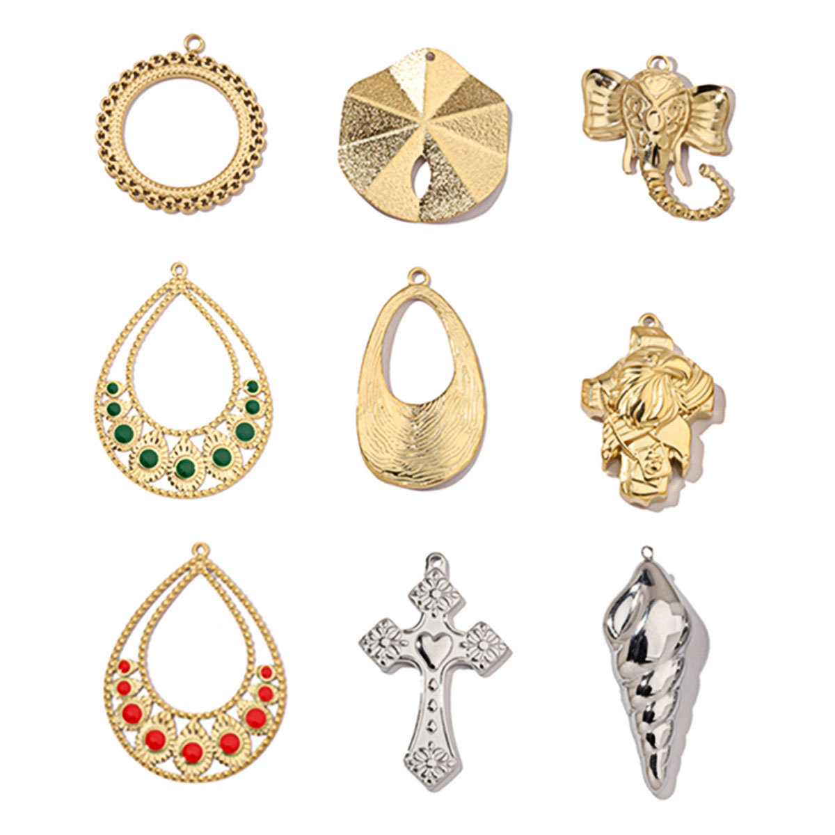 6pcs/pack Mirror Polish Steel Conch Elephant Eagle Charms Geometric Cross DIY Pendant For Necklace Earrings Making Accessories