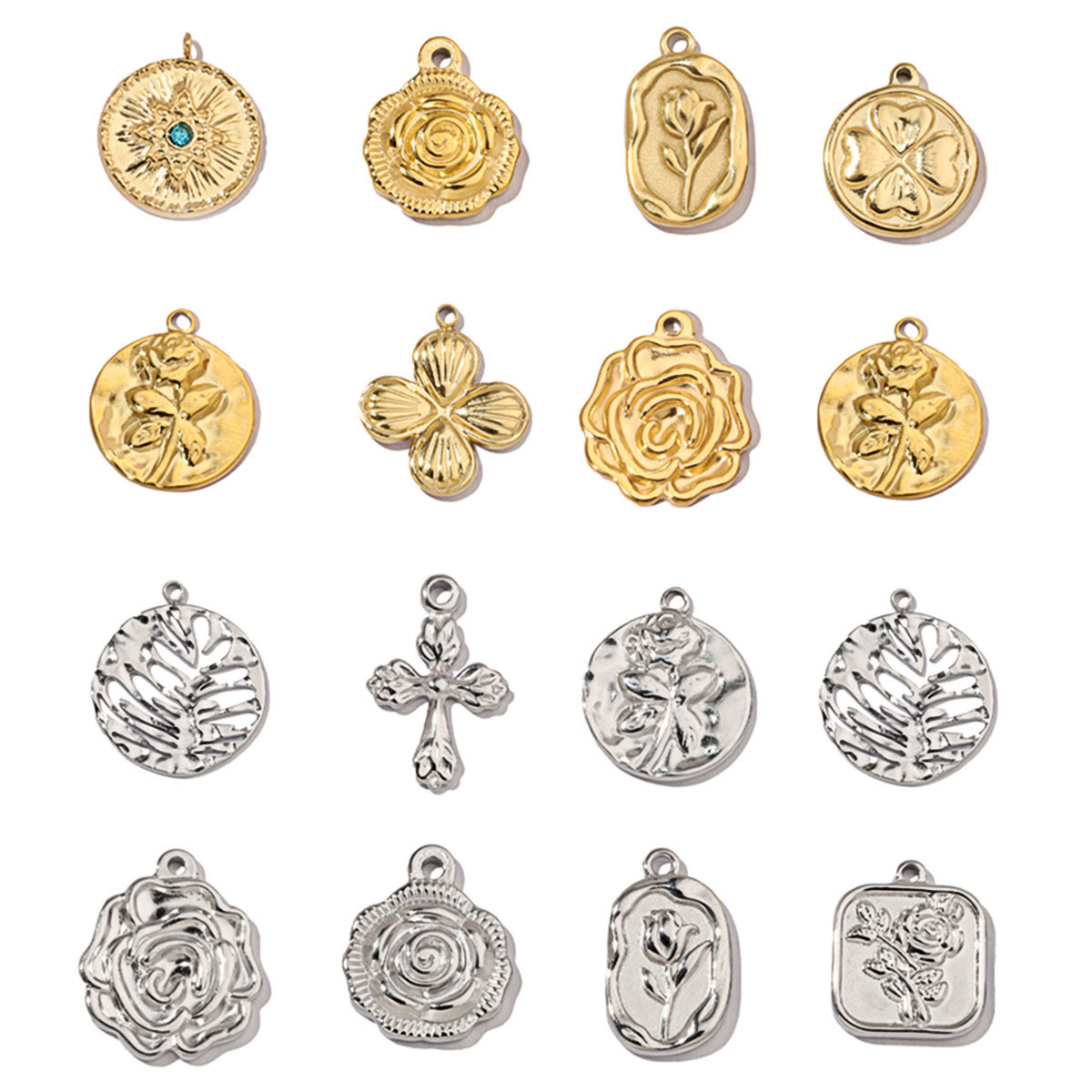 6pcs/pack  Mirror Polish Rose Clover Charms Stainless steel leaf Flower DIY Pendant For Women Jewelry Making Accessories