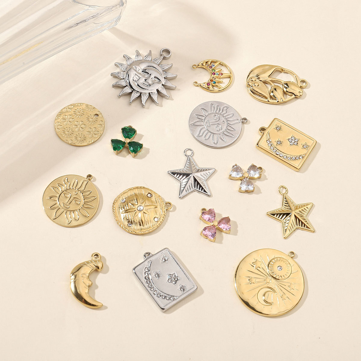 6pcs/pack Mirror Polish Sun Cresent Moon Star Charms Stainless Steel Tulips Flower DIY Pendant For Women Jewelry Making Findingss