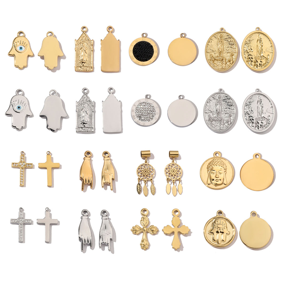 6pcs/pack Religious Stainless Steel Mirror Polish Buddha Hamsa Hand Charm Dream Catcher Small Pendant For Women DIY Jewelry Making