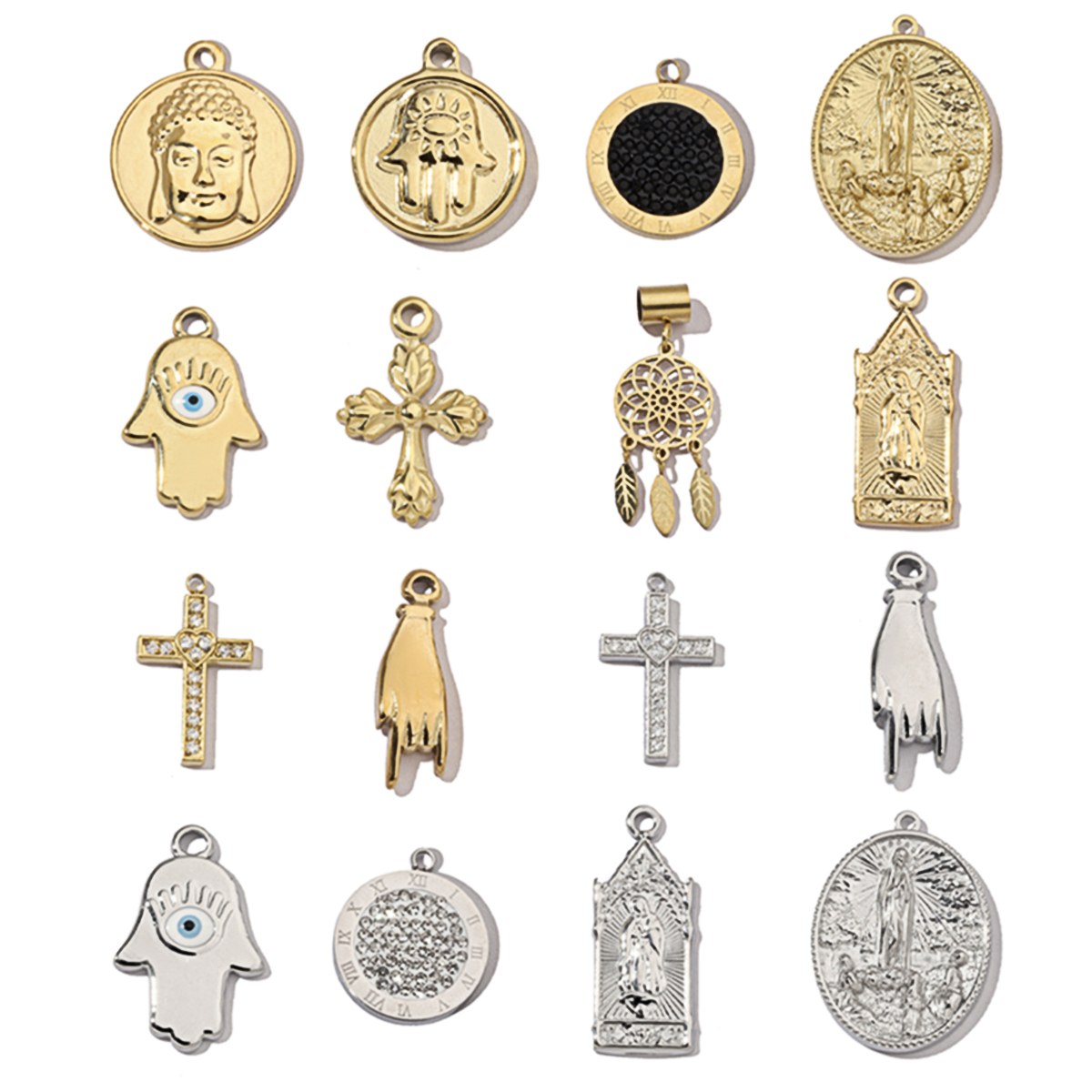 6pcs/pack Religious Stainless Steel Mirror Polish Buddha Hamsa Hand Charm Dream Catcher Small Pendant For Women DIY Jewelry Making