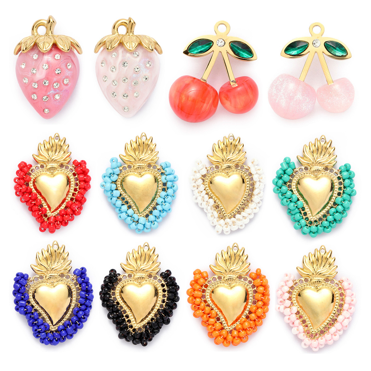 6pcs/Lot Stainless Steel Enamel Jewelry Set Strawberry Earrings & Cherry Heart Necklace Pendant Colorful DIY Charm for Women