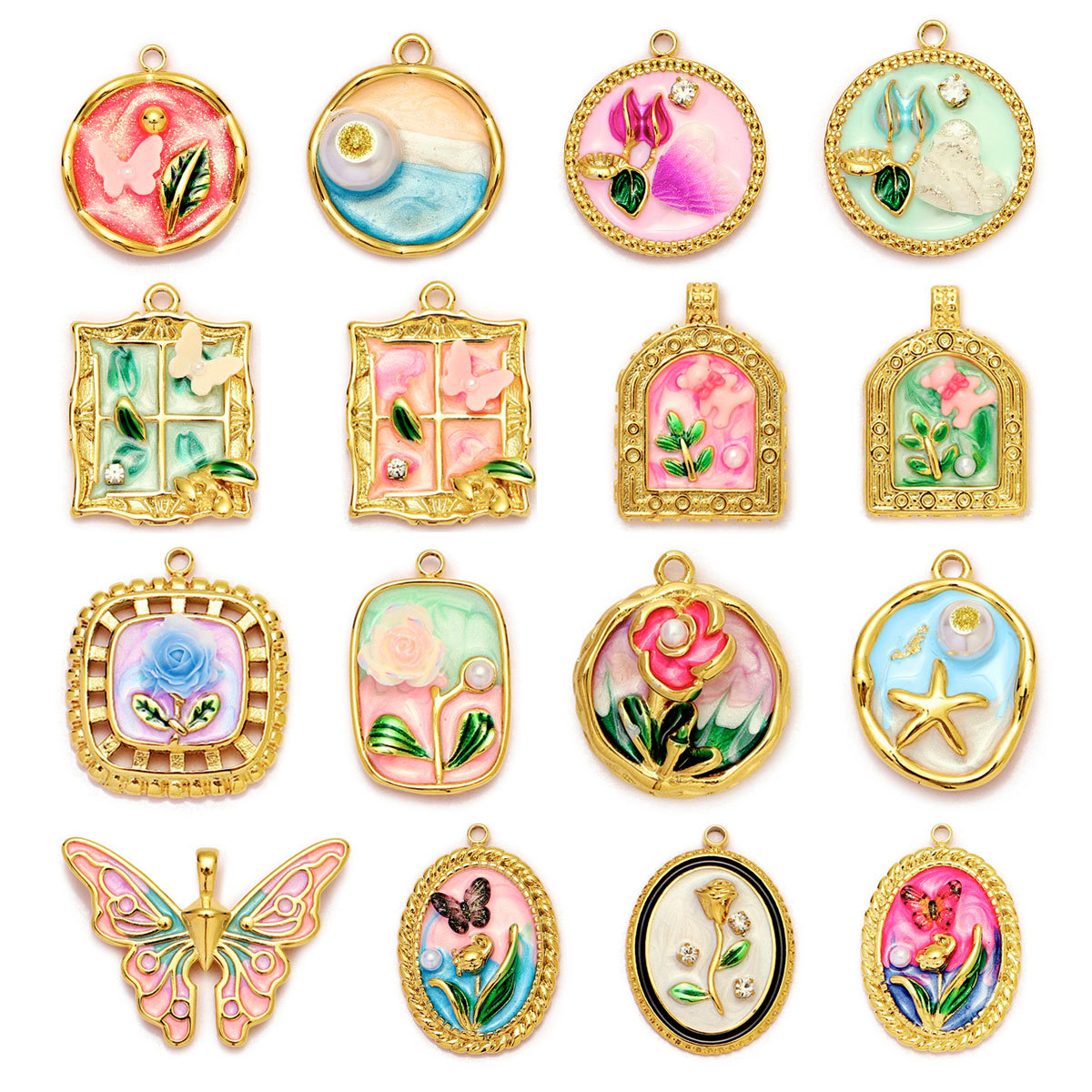 6pcs/Lot Monet Garden Style Stainless Steel Painted Flower Earring Charms Women Enamel Angel Butterfly Necklace Pendants DIY Jewelry