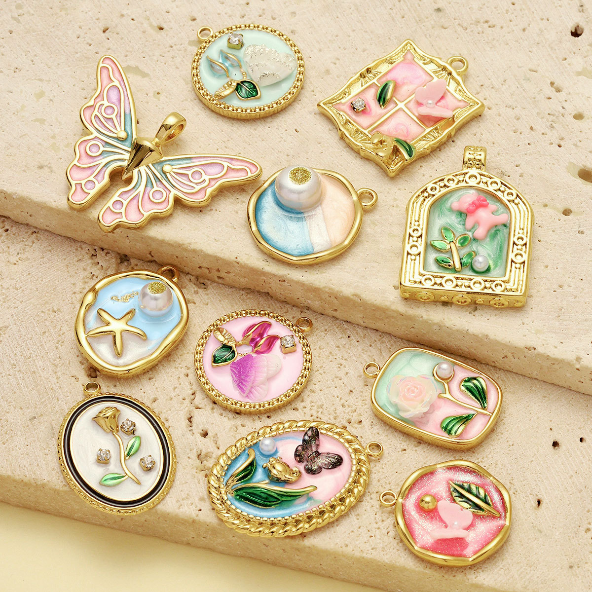 6pcs/Lot Monet Garden Style Stainless Steel Painted Flower Earring Charms Women Enamel Angel Butterfly Necklace Pendants DIY Jewelry
