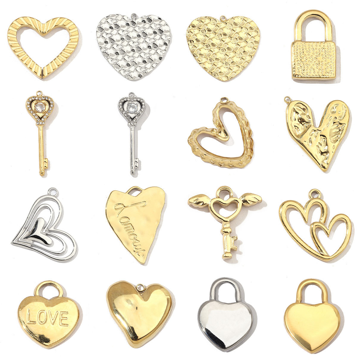 6pcs/pack Fashion heart Love stainless steel Charms Mirror Polish Lock Key DIY Pendant For Women Jewelry Making Findings