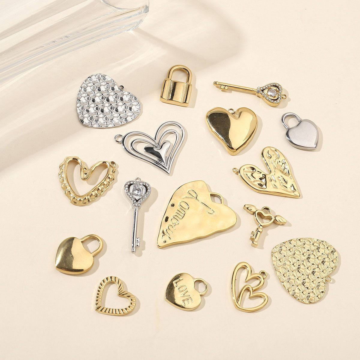 6pcs/pack Fashion heart Love stainless steel Charms Mirror Polish Lock Key DIY Pendant For Women Jewelry Making Findings