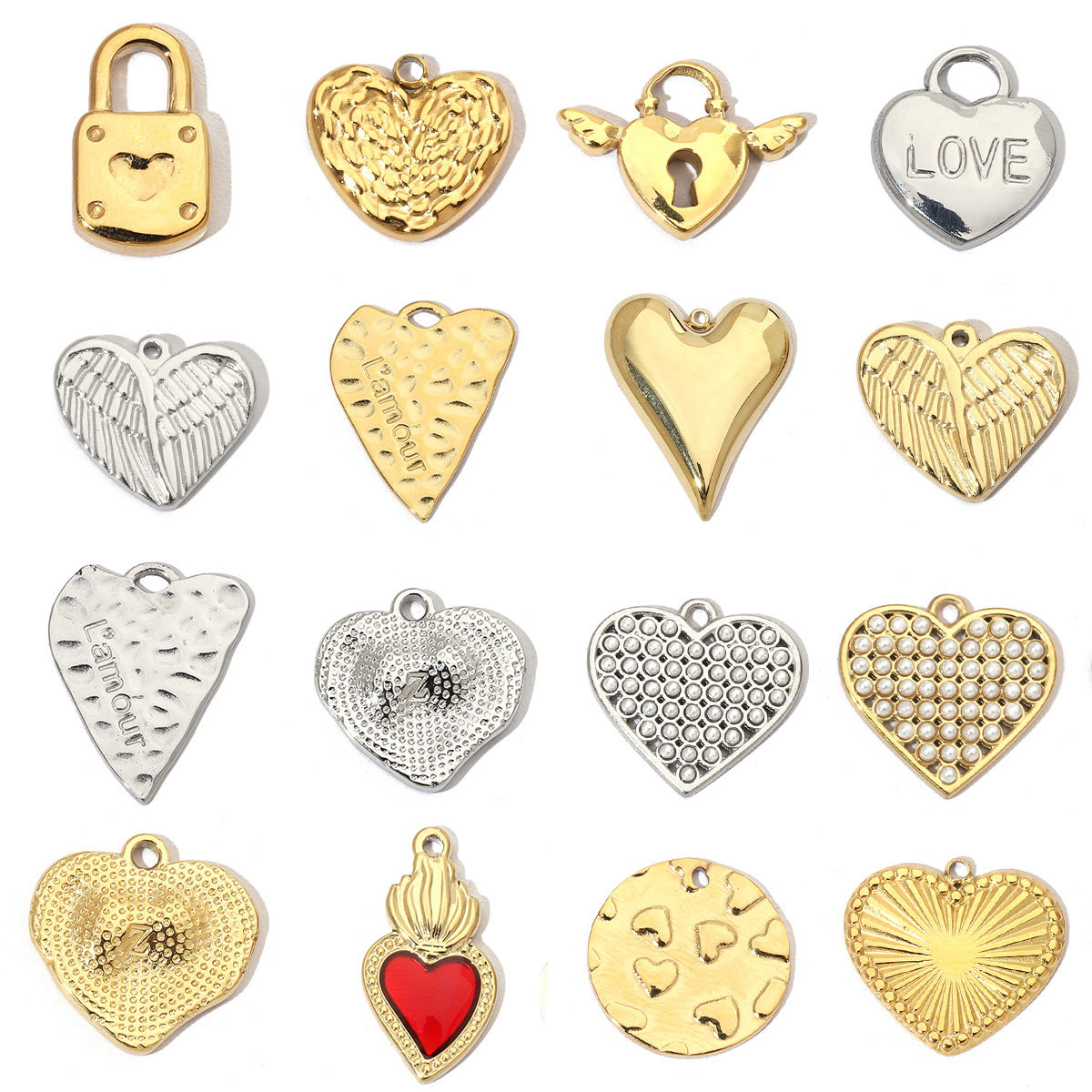 6pcs/pack Fashion Stainless steel Heart Lock Key Charms Mirror Polish Wing Love DIY Pendant For Women Jewelry Making Findings