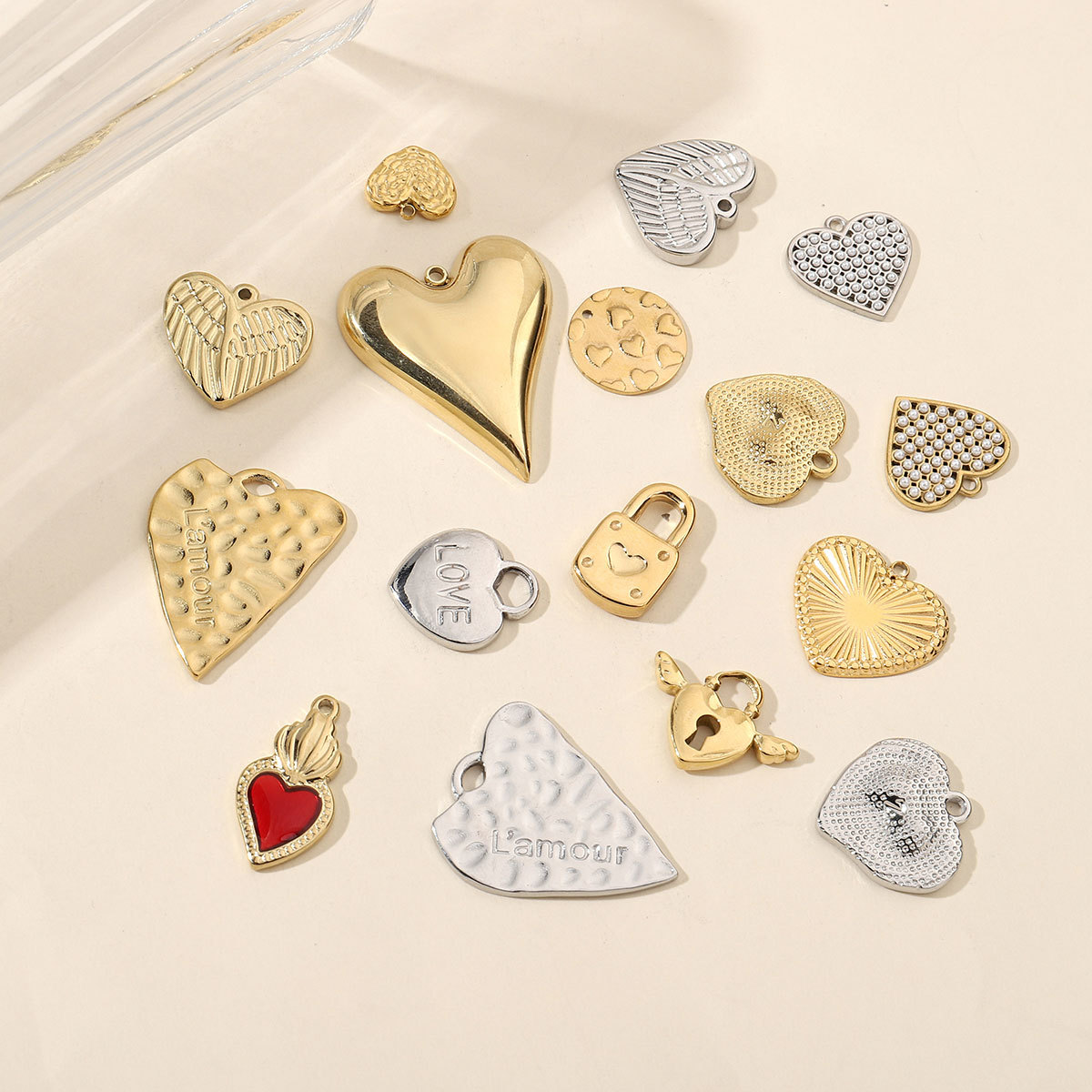 6pcs/pack Fashion Stainless steel Heart Lock Key Charms Mirror Polish Wing Love DIY Pendant For Women Jewelry Making Findings