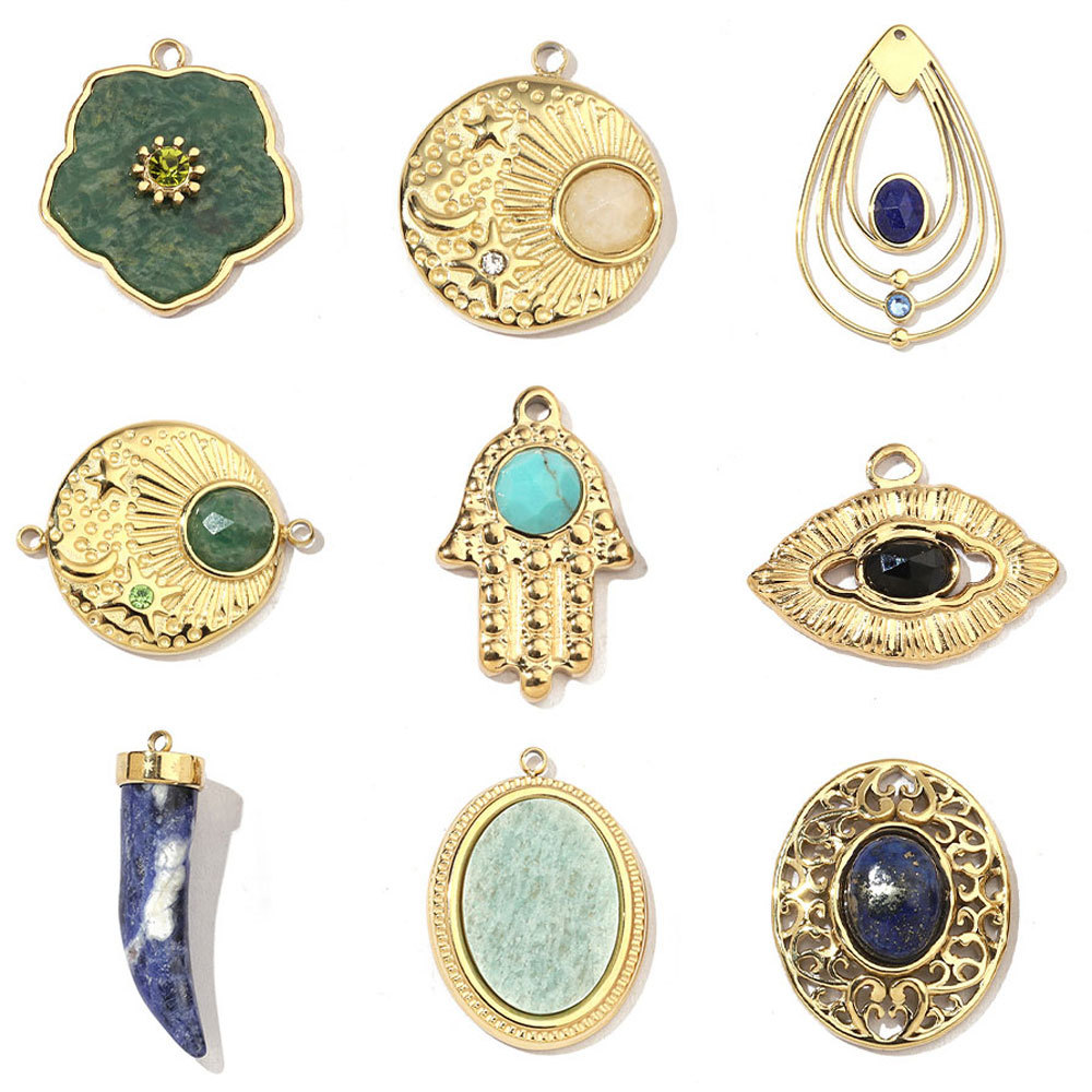 6pcs/pack Mirror Polish Stainless Steel Eye Horn Natural Stone Charms Bohemia Flower DIY Pendant For Women Jewelry Making Finding