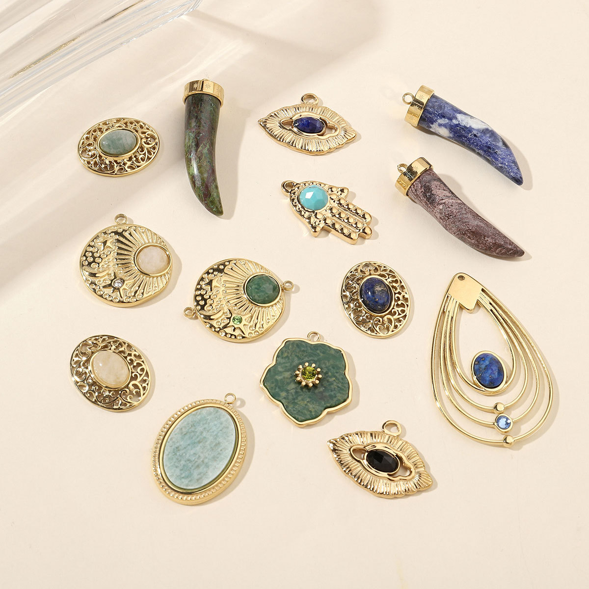 6pcs/pack Mirror Polish Stainless Steel Eye Horn Natural Stone Charms Bohemia Flower DIY Pendant For Women Jewelry Making Finding