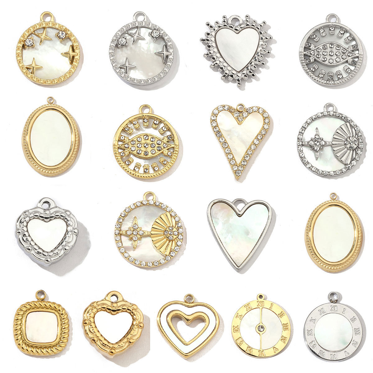 6pcs/pack Mirror Polish Steel Star Heart Natural Shell Charms French Style Clover DIY Pendant For Women Jewelry Making Finding