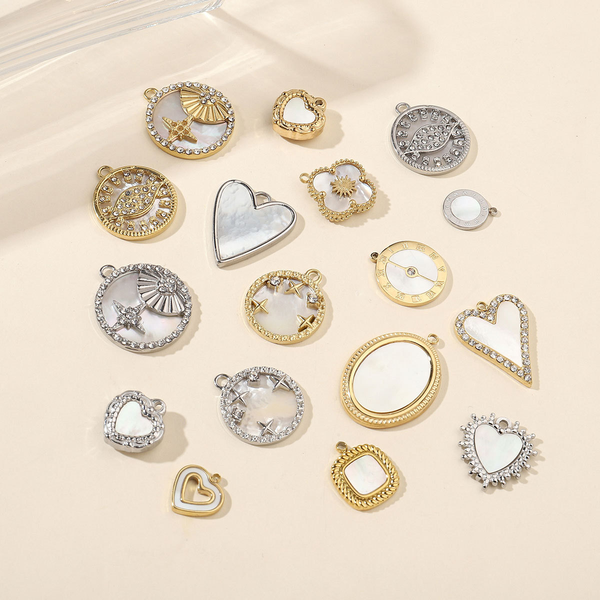 6pcs/pack Mirror Polish Steel Star Heart Natural Shell Charms French Style Clover DIY Pendant For Women Jewelry Making Finding