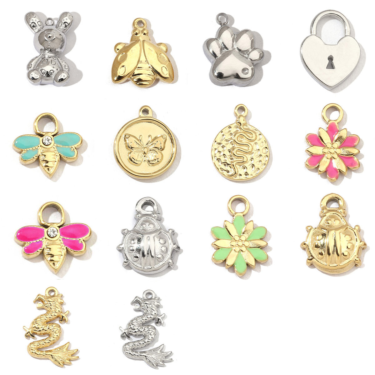6pcs/pack Mirror Polish Rabbit Cat Paw Flower Charms Stainless Steel Ladybug Dragon Bee DIY Pendant For Women Jewelry Making Finding