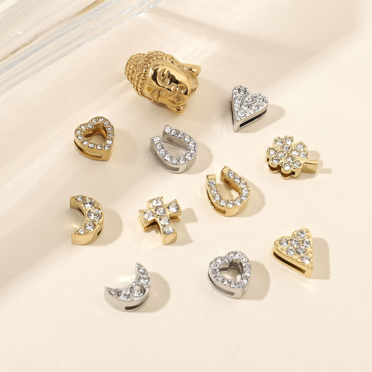 6pcs/pack Mirror Polish Love Horseshoe Moon Stainless Steel Beads Cross Clover Beads For Women Jewelry Making Finding