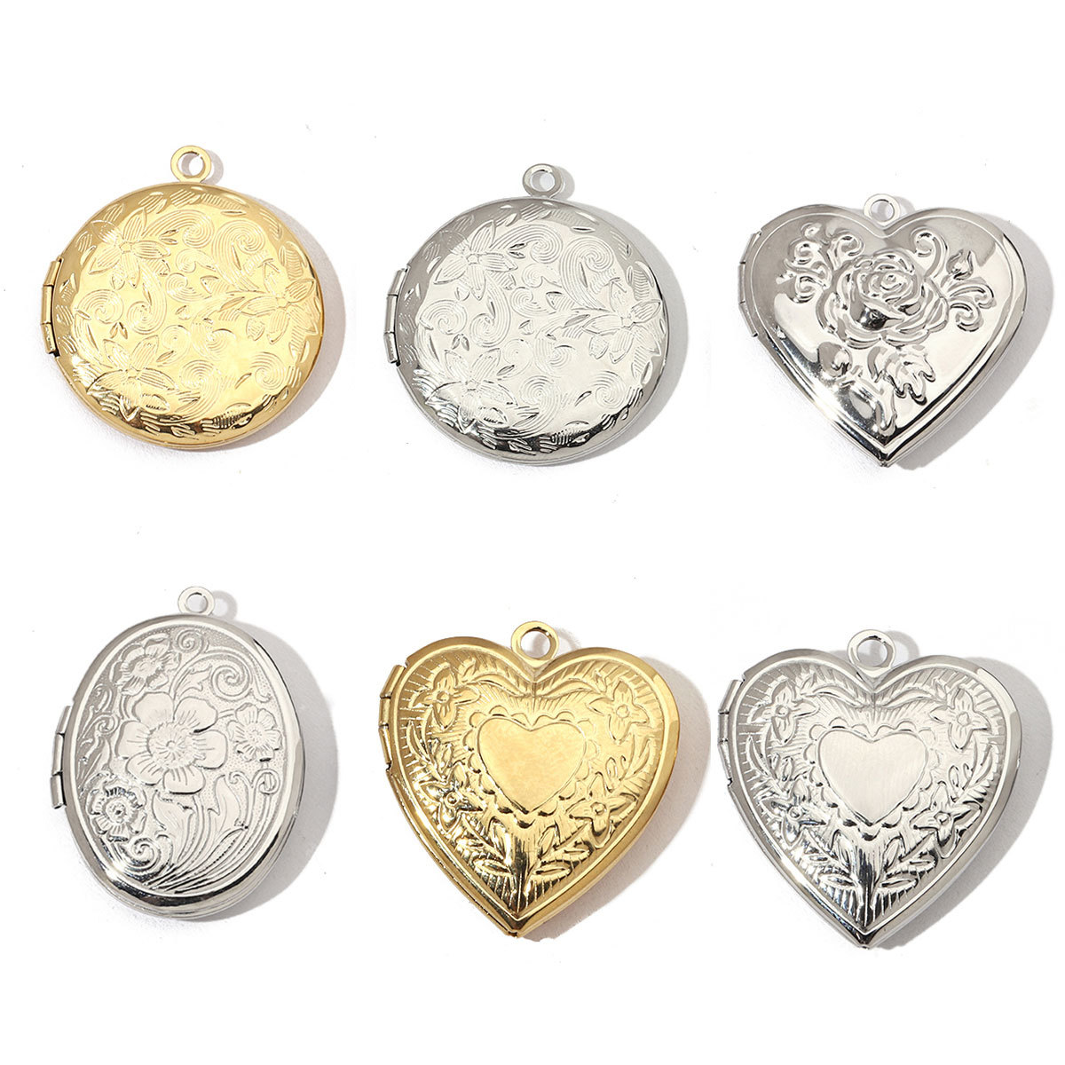 6pcs/pack Mirror Polish Stainless Steel Heart Round Locket Pendant for Women Family Image Necklace Personalized Anniversary Gifts