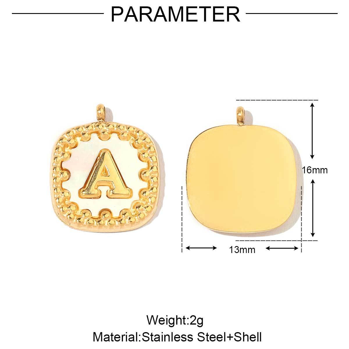 6pcs/pack Stainless Steel 14k Gold Color Square Initial Letter Shell Pendant English Name DIY Charm For Necklace Accessory