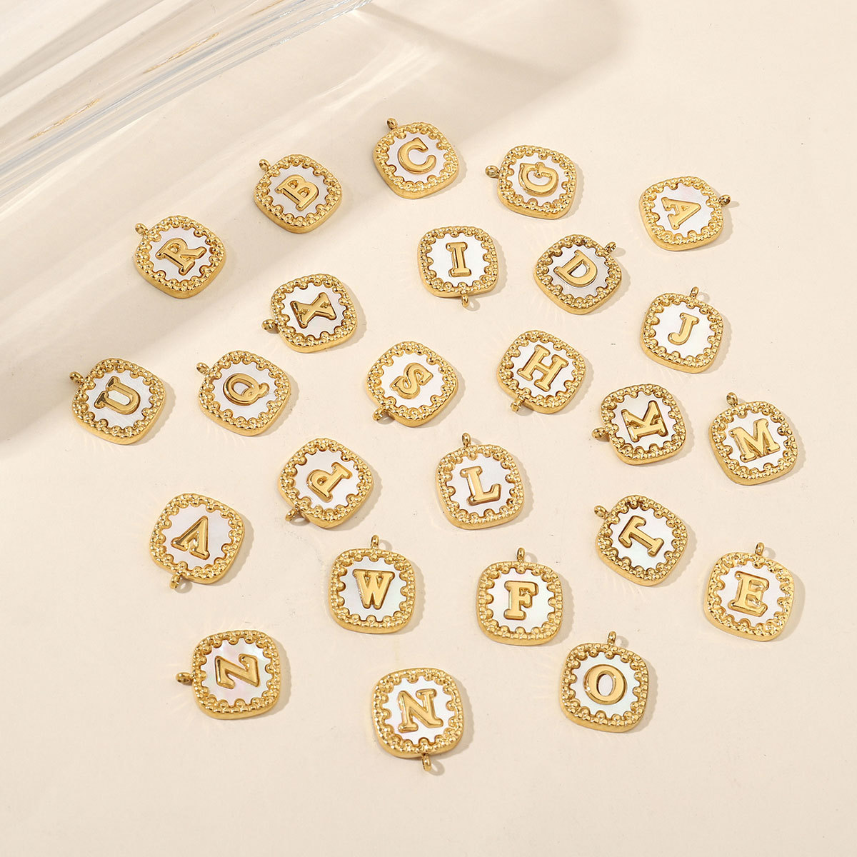 6pcs/pack Stainless Steel 14k Gold Color Square Initial Letter Shell Pendant English Name DIY Charm For Necklace Accessory