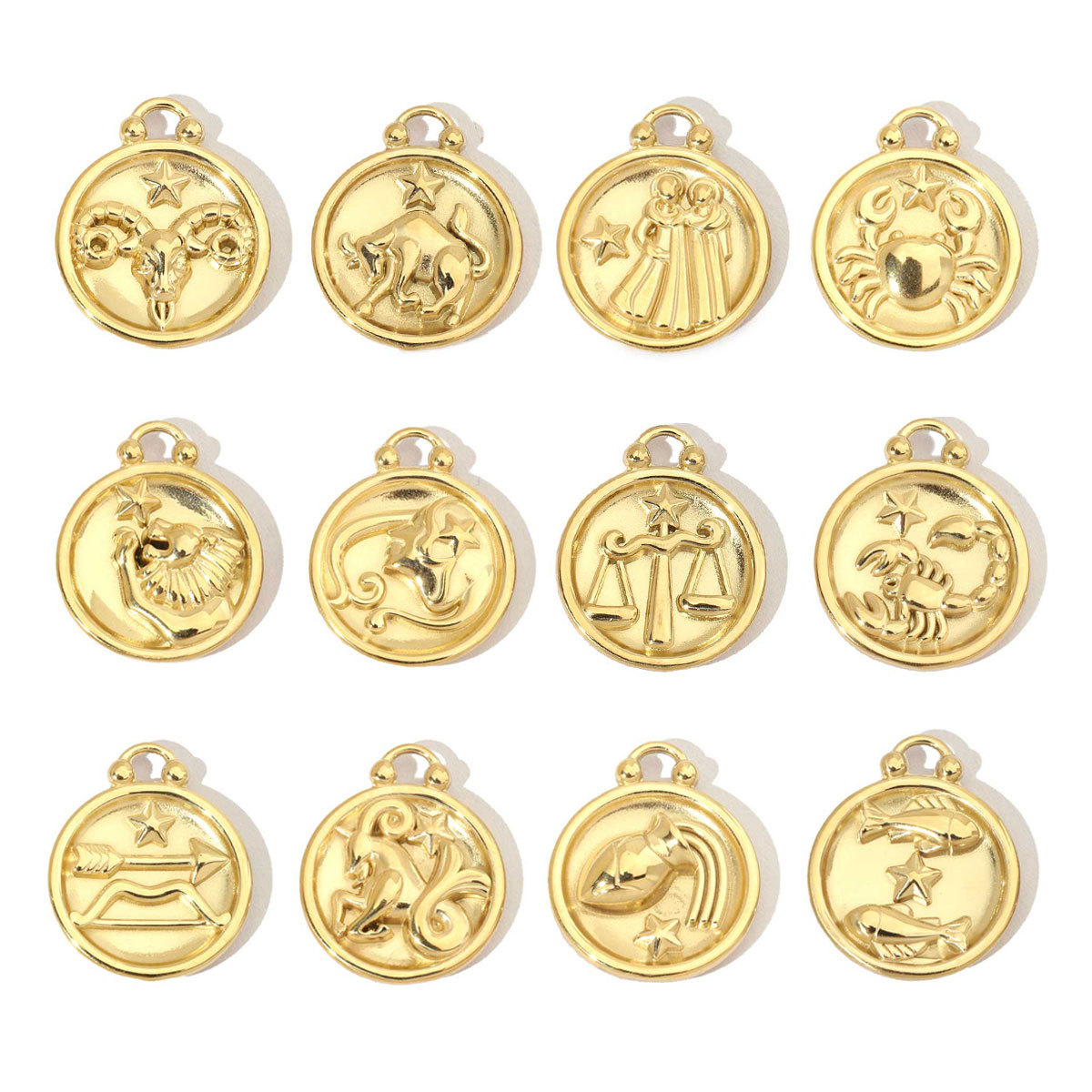 6pcs/pack 14k Gold Plated Never Fade 12 Zodiac Stainless Steel Necklace Charms Round Aries Taurus Women DIY Accessory Small Pendant