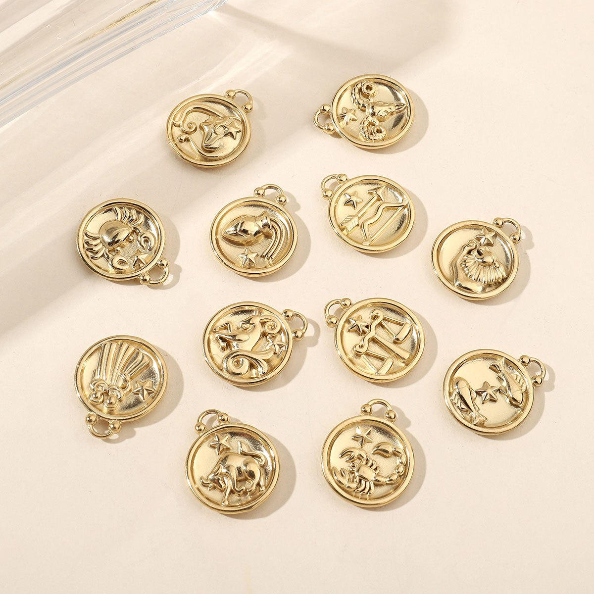 6pcs/pack 14k Gold Plated Never Fade 12 Zodiac Stainless Steel Necklace Charms Round Aries Taurus Women DIY Accessory Small Pendant