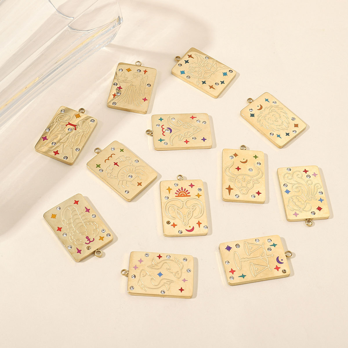 6pcs/pack Stainless Steel 14k Gold Plated Never Fade 12 Constellation Square Stone Necklace Charms Women Aries DIY Small Pendant