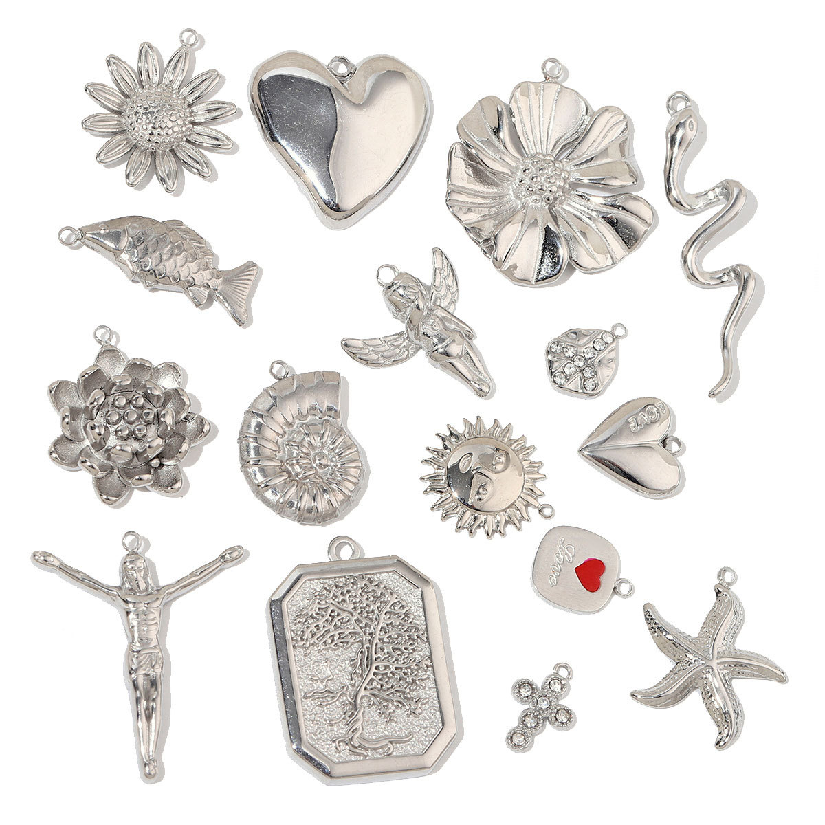 6pcs/pack Trendy Stainless Steel High Polish Cross Sunflower Charms Angel Starfish Snake Necklace DIY Small Pendant Wholesale