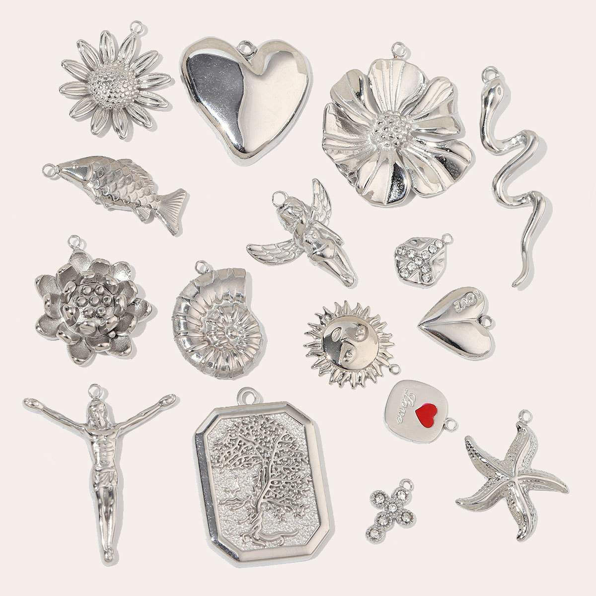 6pcs/pack Trendy Stainless Steel High Polish Cross Sunflower Charms Angel Starfish Snake Necklace DIY Small Pendant Wholesale