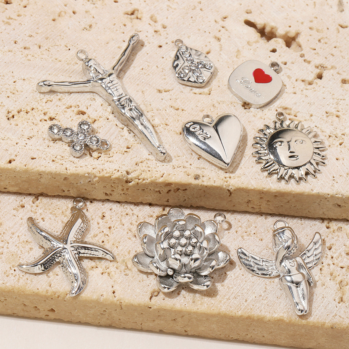 6pcs/pack Trendy Stainless Steel High Polish Cross Sunflower Charms Angel Starfish Snake Necklace DIY Small Pendant Wholesale