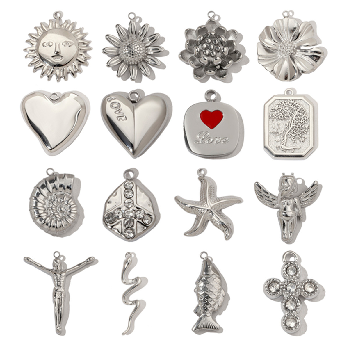 6pcs/pack Trendy Stainless Steel High Polish Cross Sunflower Charms Angel Starfish Snake Necklace DIY Small Pendant Wholesale