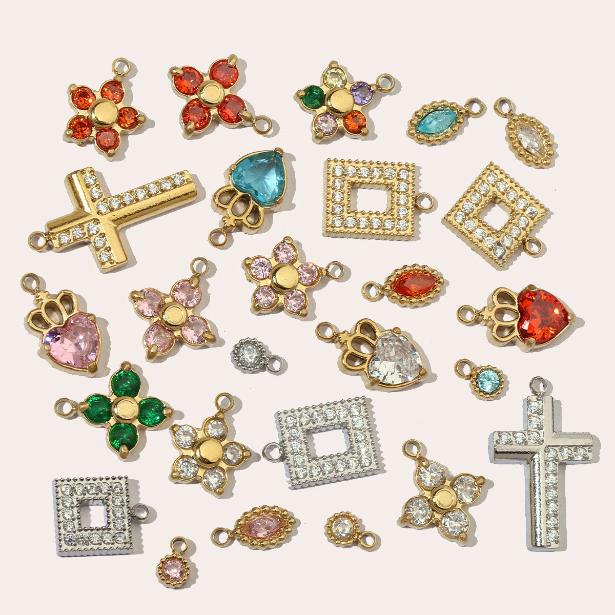 6pcs/pack Trendy High Polish Stainless Steel Heart Crown Suqare Charms Flower Cross Necklace DIY Small Pendant Wholesale