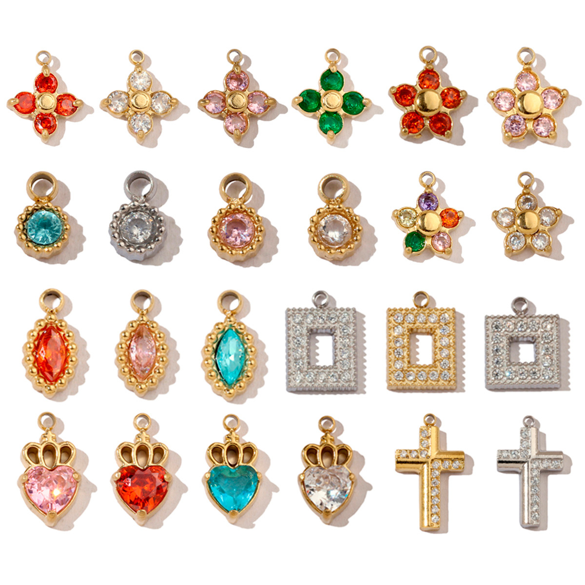 6pcs/pack Trendy High Polish Stainless Steel Heart Crown Suqare Charms Flower Cross Necklace DIY Small Pendant Wholesale