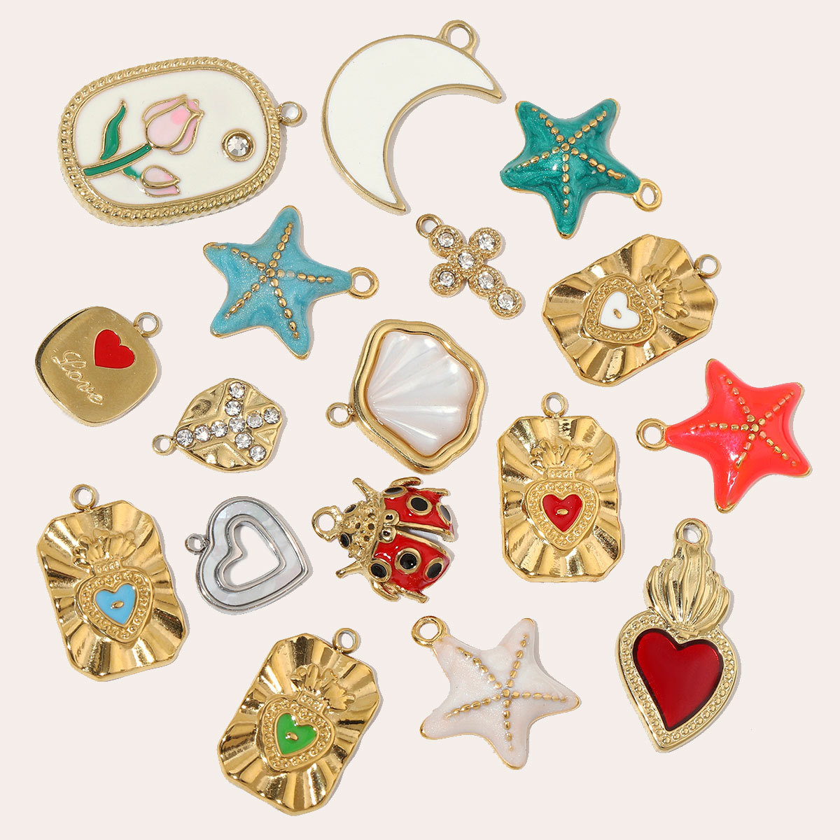 6pcs/pack  Trendy High Polish Stainless Steel Shell Starfish Charms Heart Moon Enamel Necklace DIY Small Pendant Wholesale