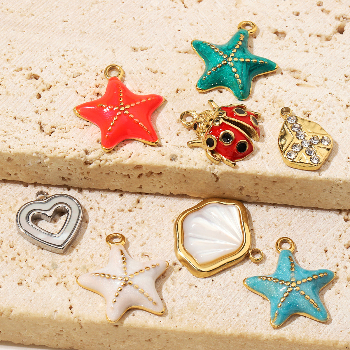 6pcs/pack  Trendy High Polish Stainless Steel Shell Starfish Charms Heart Moon Enamel Necklace DIY Small Pendant Wholesale